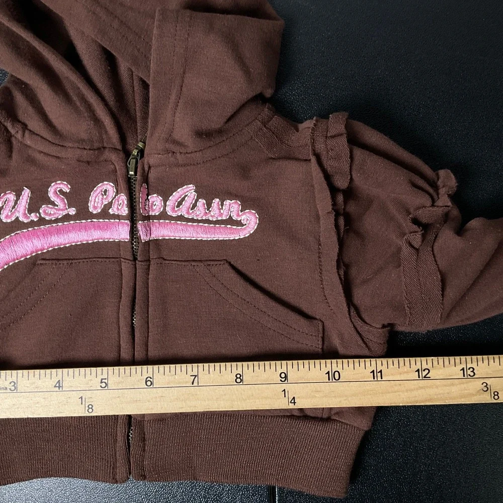 U.S. Polo Assn. Hoodie Toddler Girls 12M Brown Cotton Ruffle Zip Up Glitter Logo